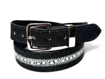 Real black stingray leather belt with pebbled texture and silver hardware