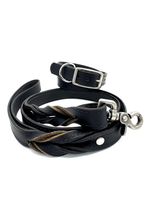 Black Leather Leash & Collar Set