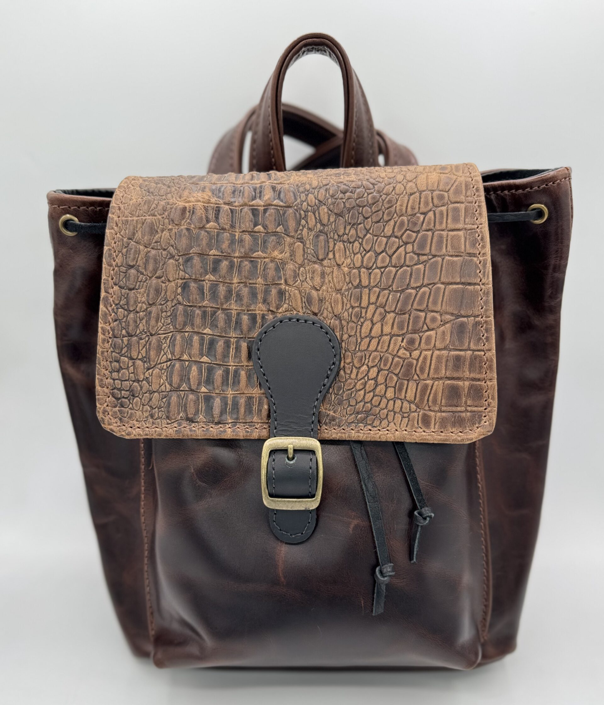 Brown Leather Backpack with Alligator Flap