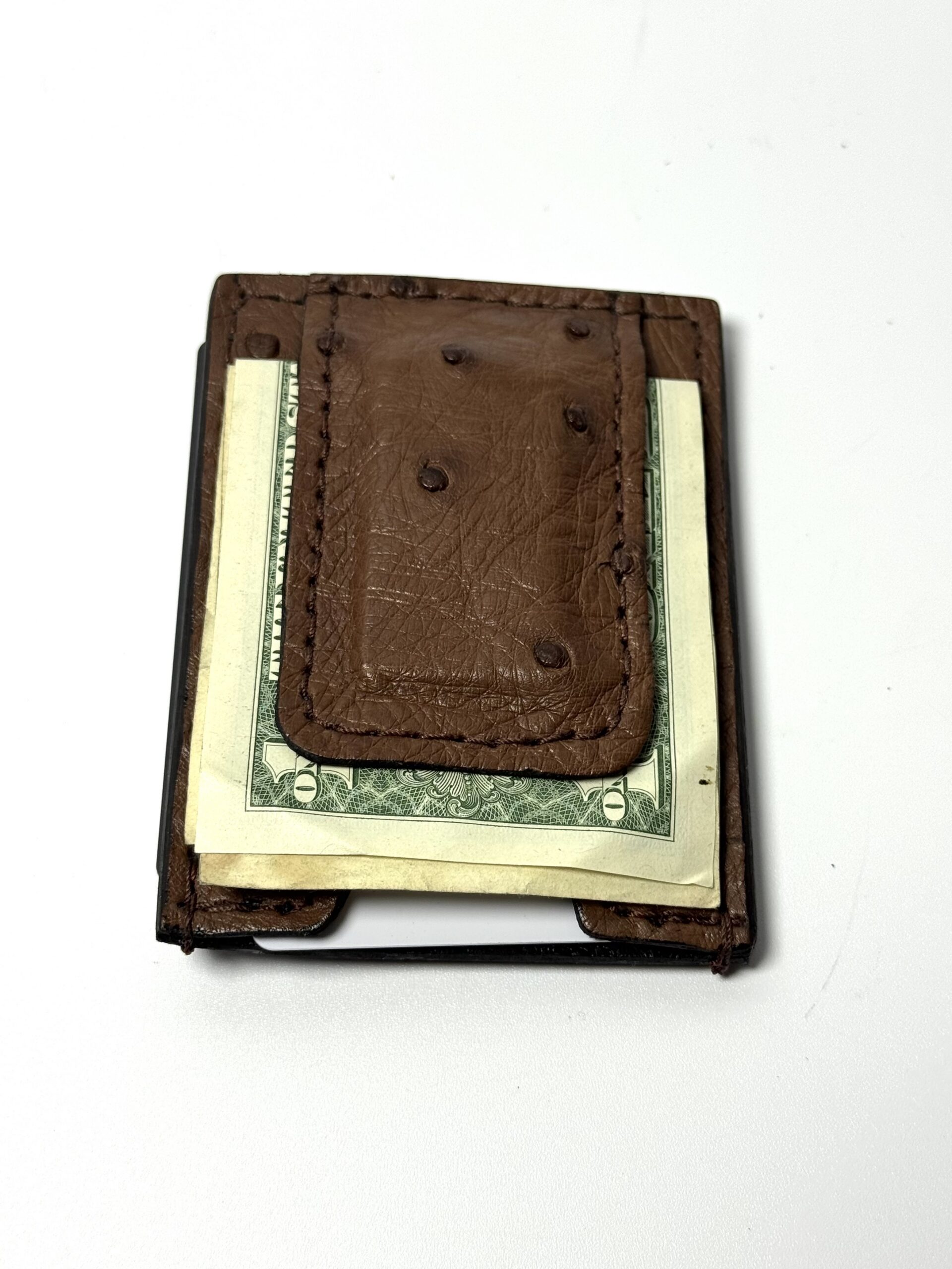Ostrich Brown Leather Money Clip Wallet