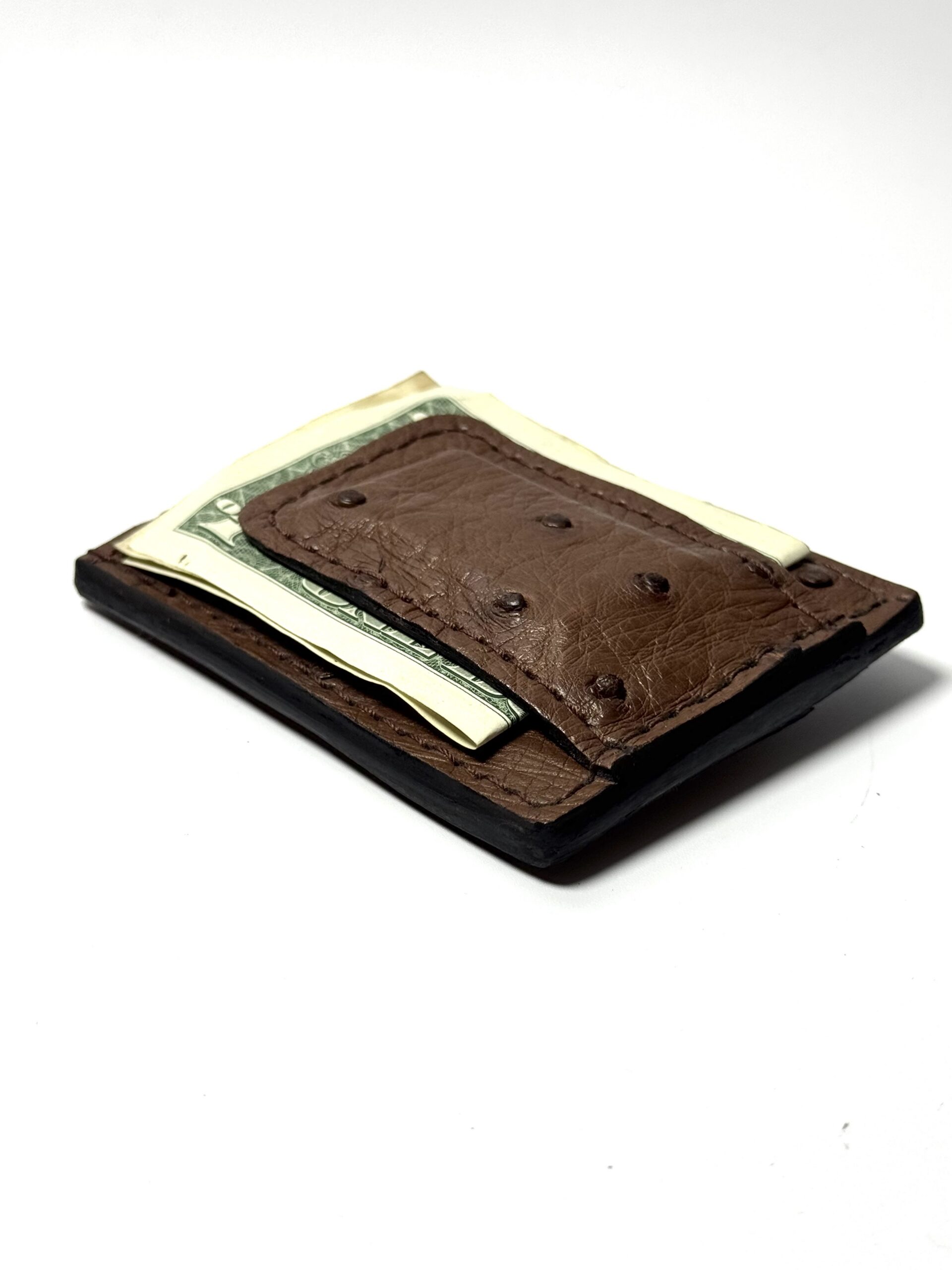 Ostrich Brown Leather Money Clip Wallet