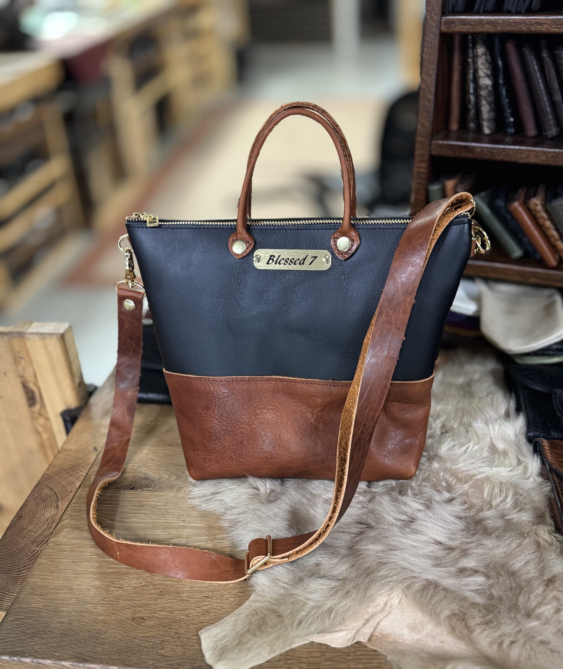 Leather Crossbody Bag-Black & Light Brown