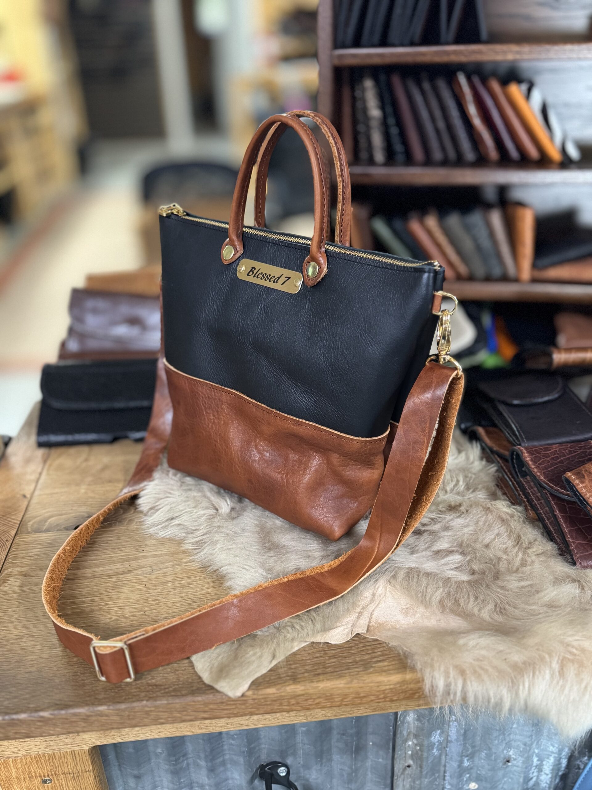 Leather Crossbody Bag-Black & Light Brown - Image 2