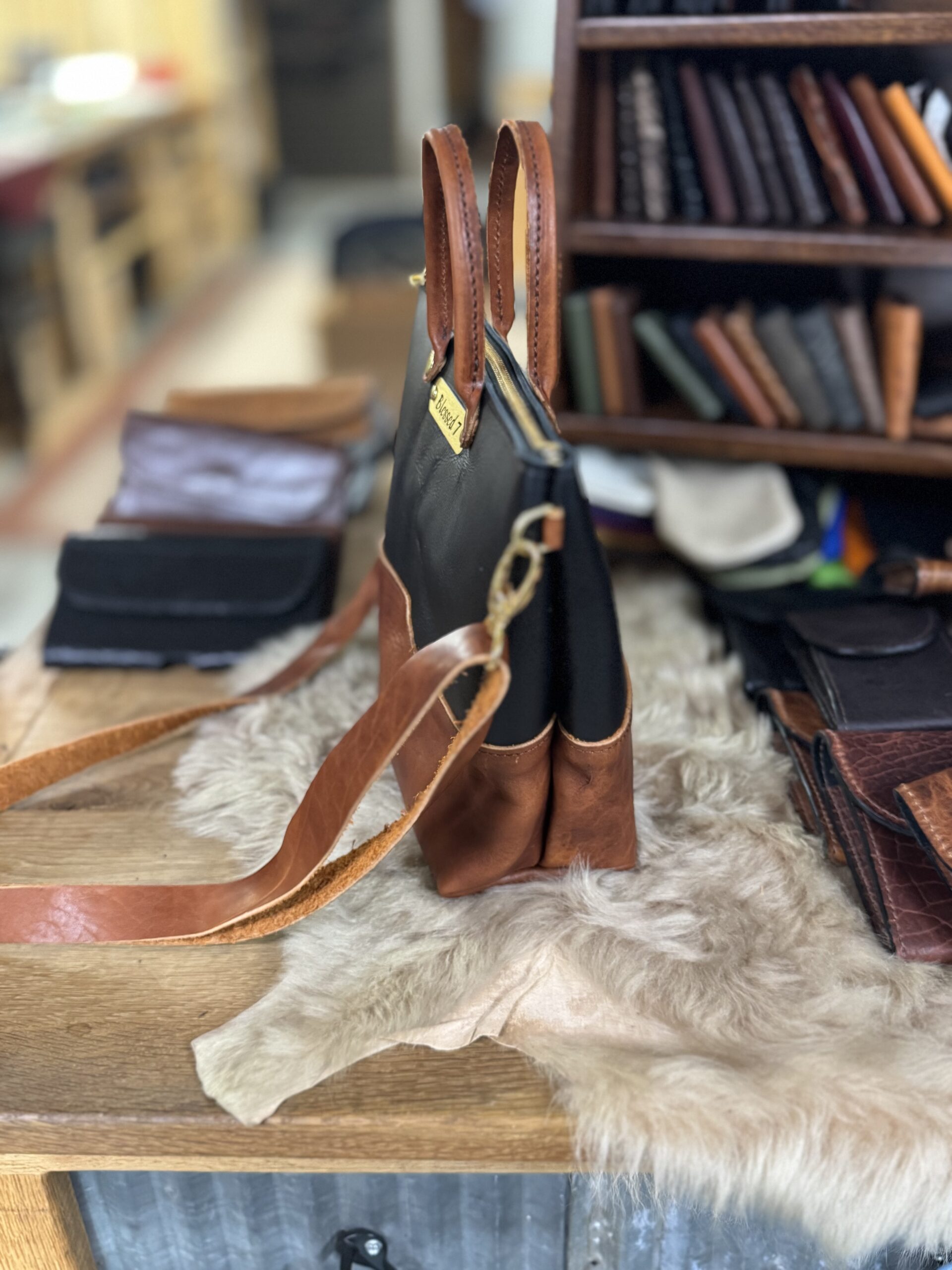 Leather Crossbody Bag-Black & Light Brown - Image 3