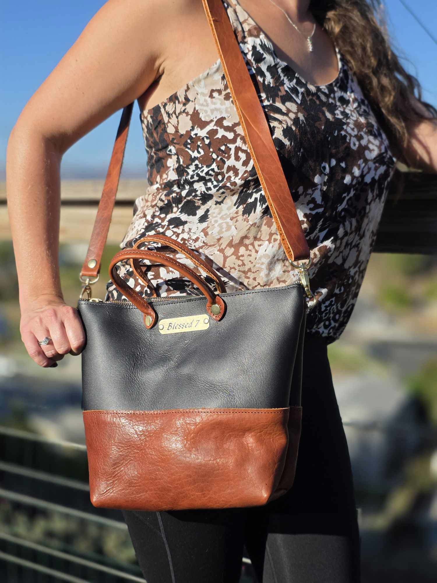 Leather Crossbody Bag-Black & Light Brown - Image 5