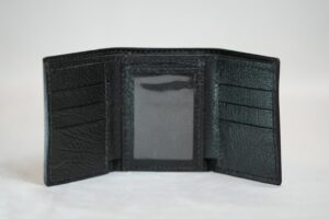 Leather trifold wallet interior with ID window