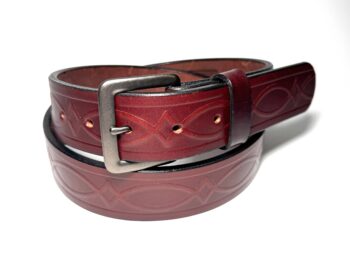 Kent heavy brown leather belt with patterned strap and buckle