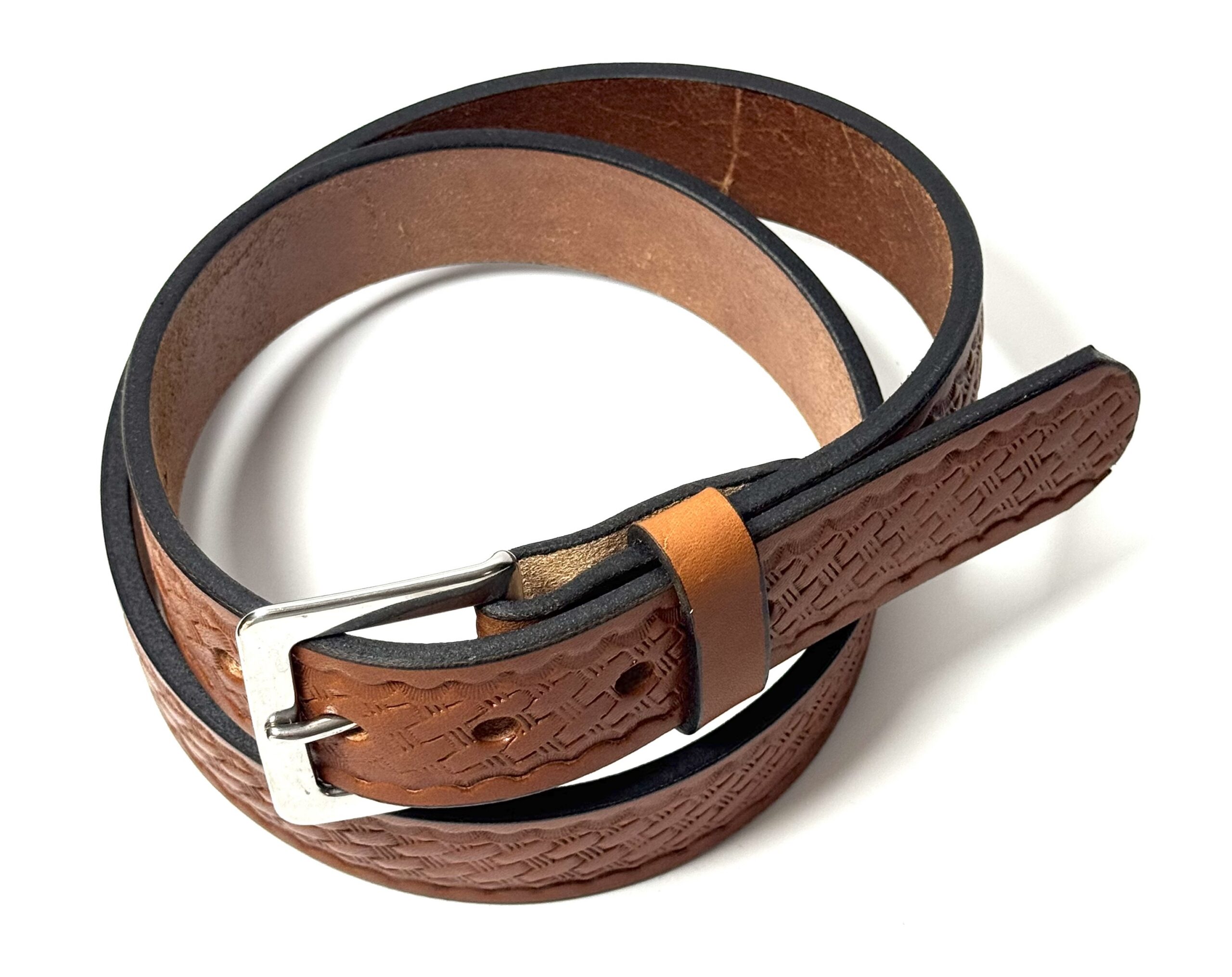 Light brown basket weave leather belt handcrafted from 10–12 oz full grain leather with stainless steel buckle