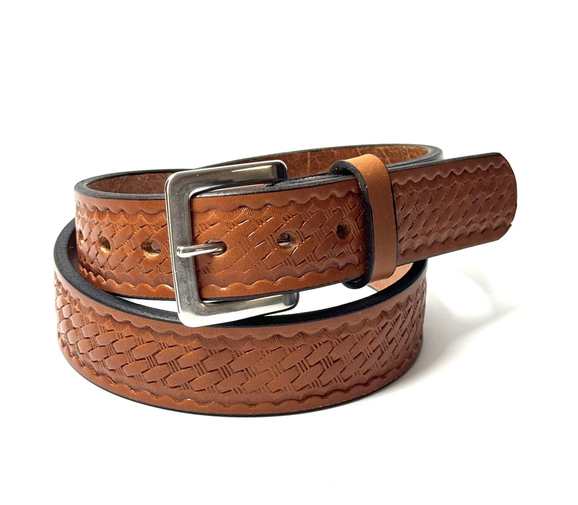 Light brown basket weave leather belt handcrafted from 10–12 oz full grain leather with stainless steel buckle
