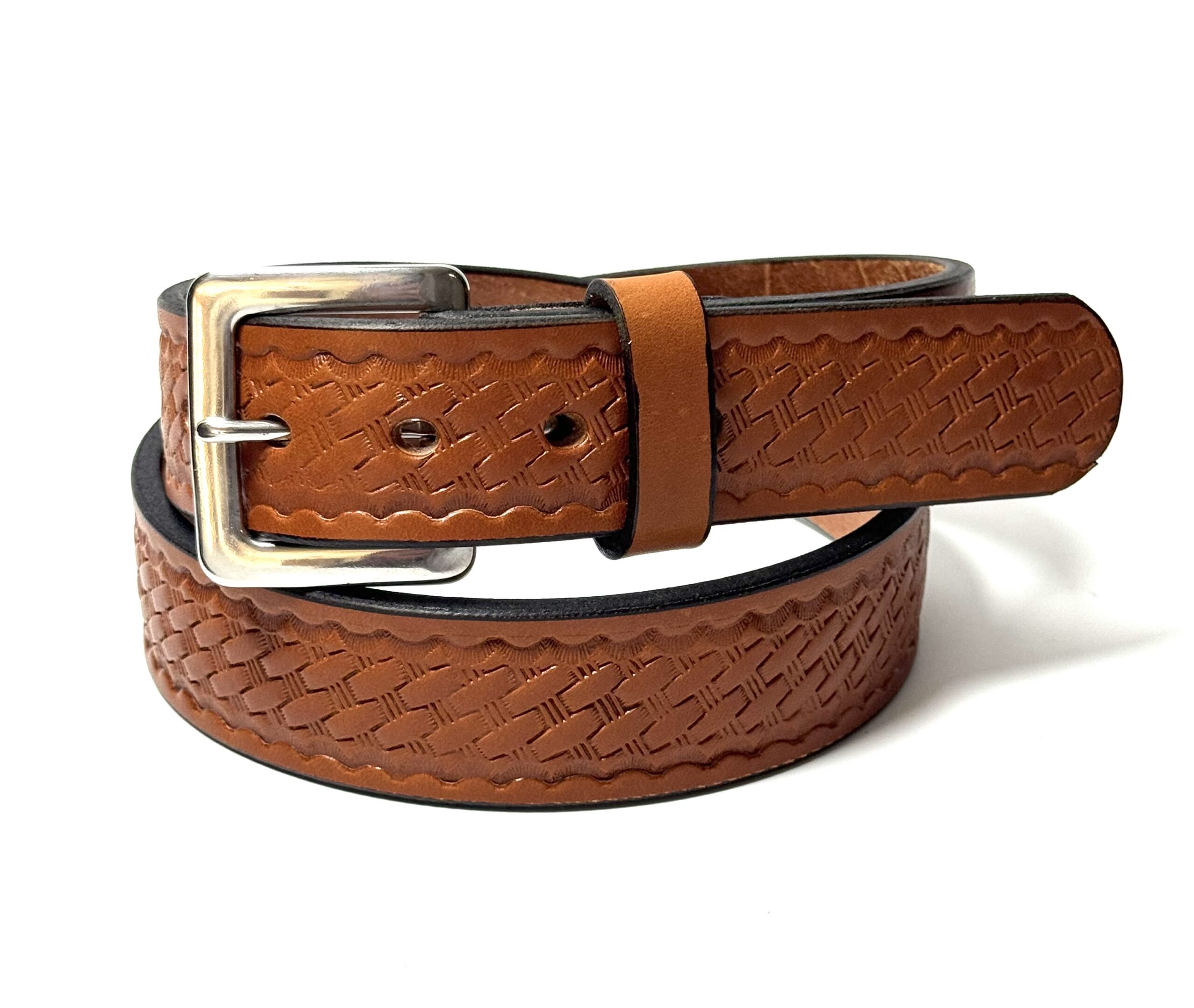 Light brown basket weave leather belt handcrafted from 10–12 oz full grain leather with stainless steel buckle