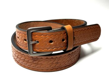 Light brown basket weave leather belt handcrafted from 10–12 oz full grain leather with stainless steel buckle