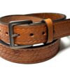 Light brown basket weave leather belt handcrafted from 10–12 oz full grain leather with stainless steel buckle