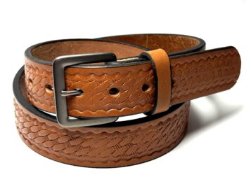 Light brown basket weave leather belt handcrafted from 10–12 oz full grain leather with stainless steel buckle