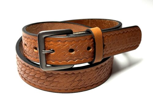 Light brown basket weave leather belt handcrafted from 10–12 oz full grain leather with stainless steel buckle