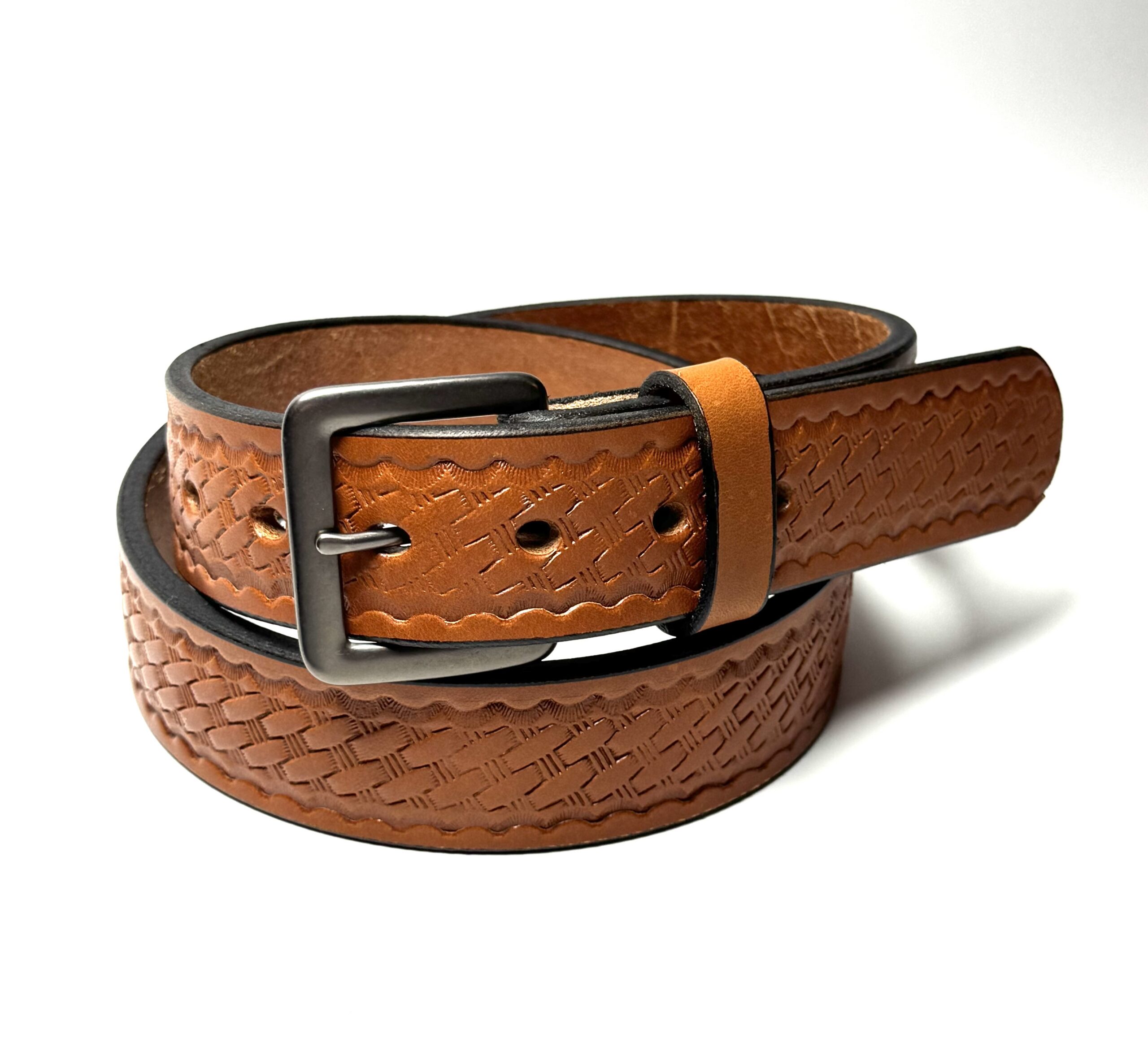 Light brown basket weave leather belt handcrafted from 10–12 oz full grain leather with stainless steel buckle