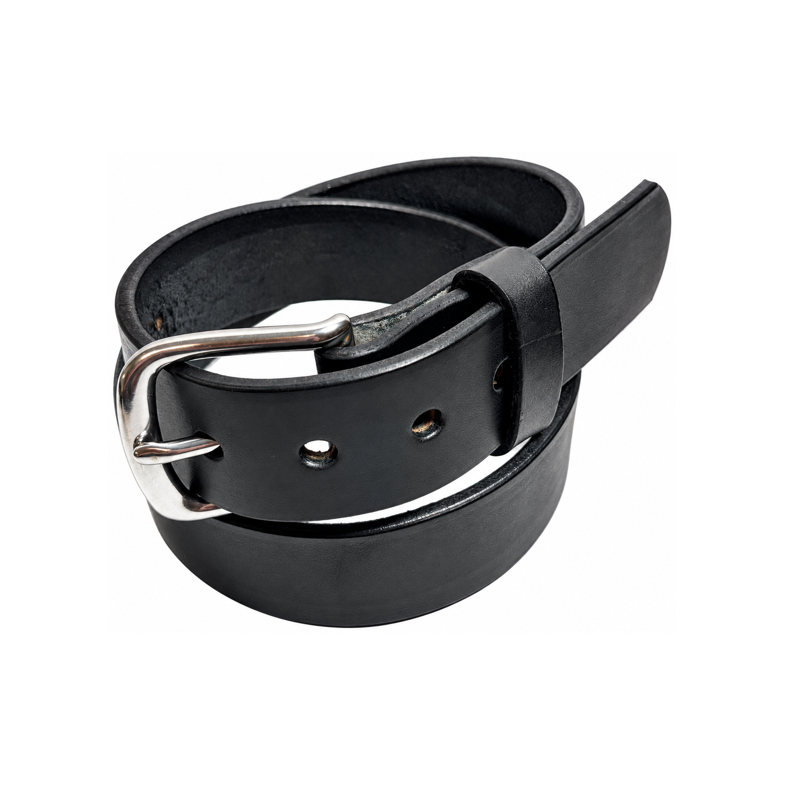 Premium Heavy Black Leather Belt looped to show the inside leather and full strap shape
