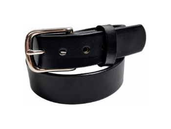Premium Heavy Black Leather Belt folded to show the silver buckle, strap holes, and leather grain