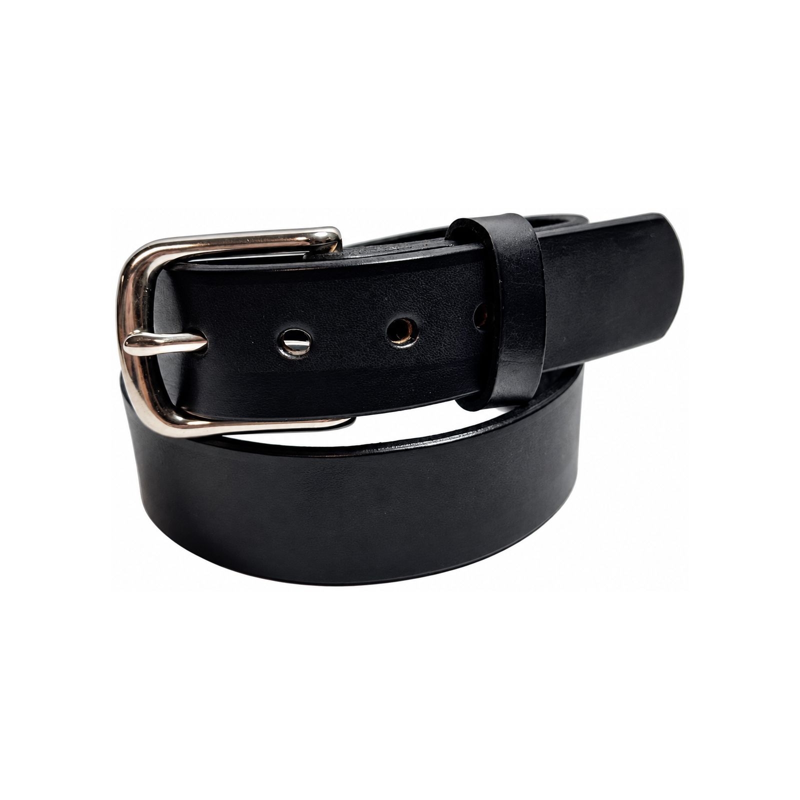 Premium Heavy Black Leather Belt folded to show the silver buckle, strap holes, and leather grain