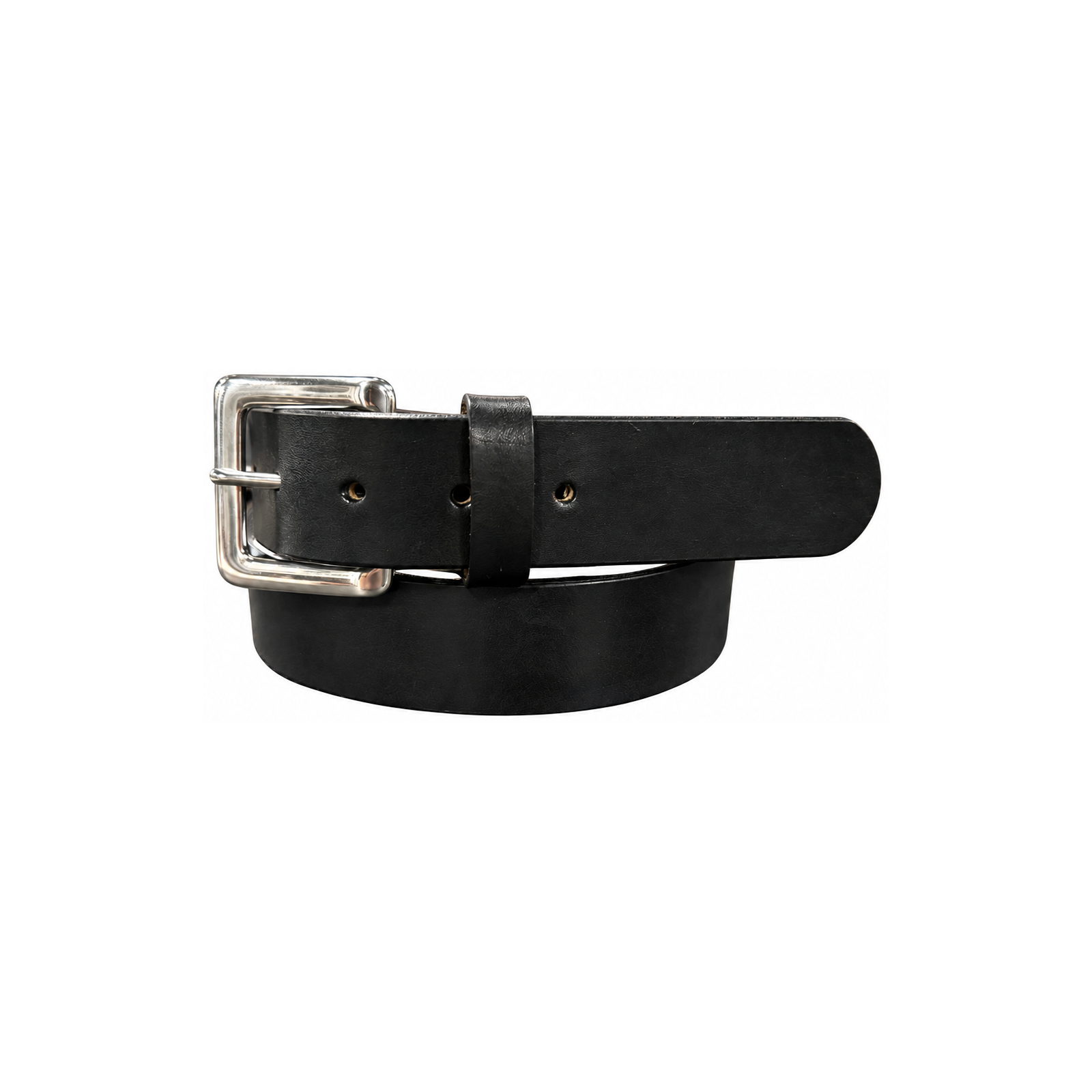 Premium Heavy Black Leather Belt folded horizontally with the buckle, keeper, and strap holes visible