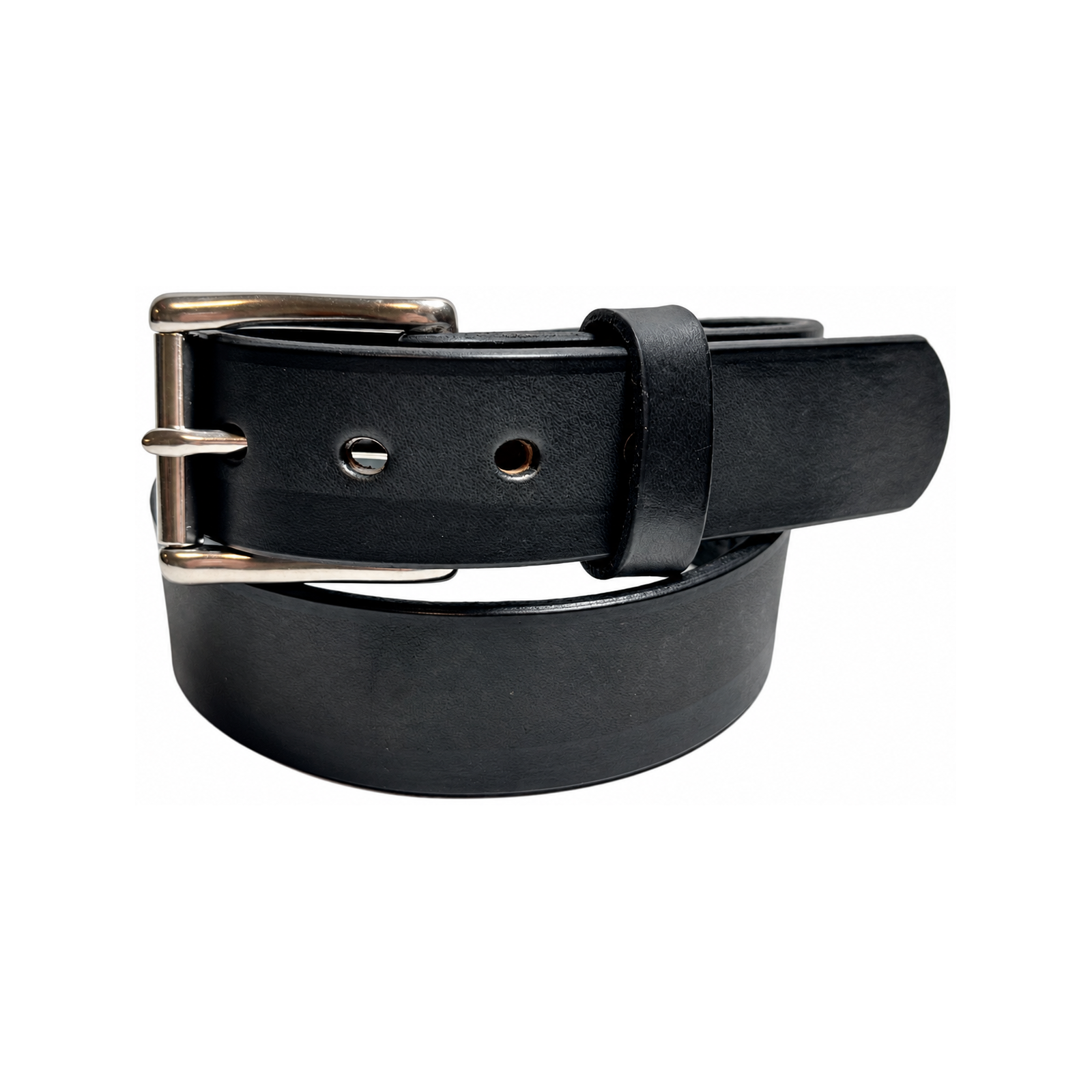 Premium Heavy Black Leather Belt with the buckle, keeper, and adjustment holes facing forward