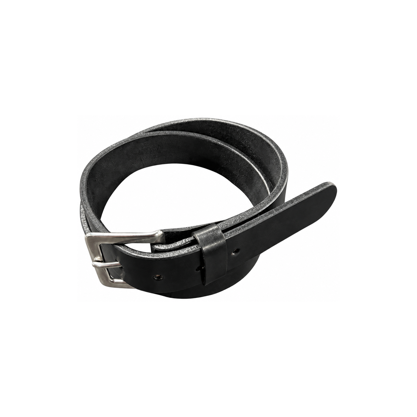 Premium Heavy Black Leather Belt curled into a loop, showing the inner leather surface and buckle