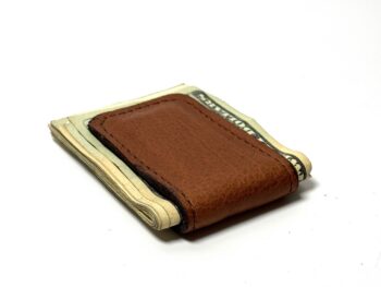 Brown bison leather cash clip card holder holding business cards handcrafted by Amish artisans
