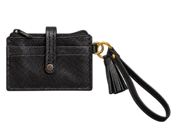 Black full-grain leather wristlet wallet with card slots and detachable wrist strap