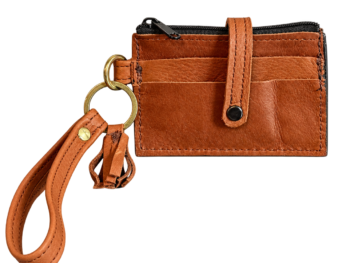 Brown full-grain leather wristlet wallet with card slots and matching leather strap