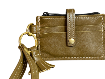 Olive green leather wristlet wallet with front card slots, gold-tone hardware and leather wrist strap.