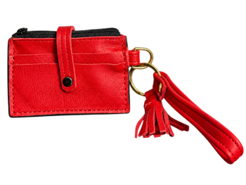 Red full-grain leather wristlet wallet with card slots and detachable wrist strap