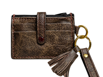 Dark brown full-grain leather wristlet wallet with front card slots, gold-tone rings, tassel and matching wrist strap.Copy filename