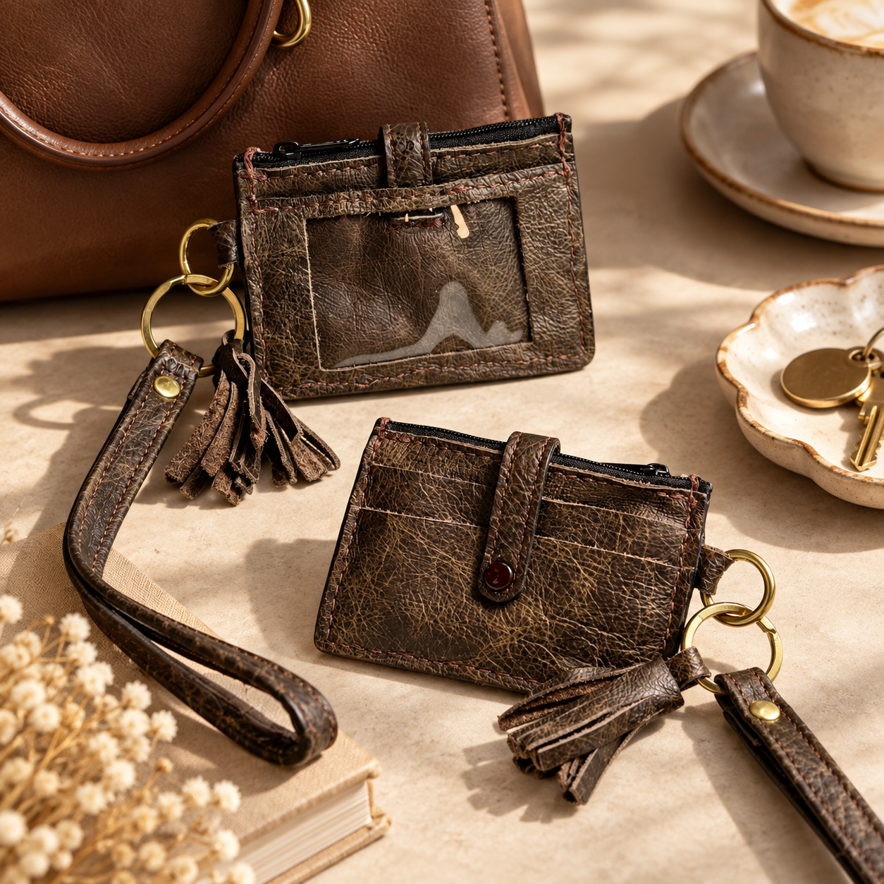 Back of dark brown leather wristlet wallet showing clear ID window, zipper and matching tassel.