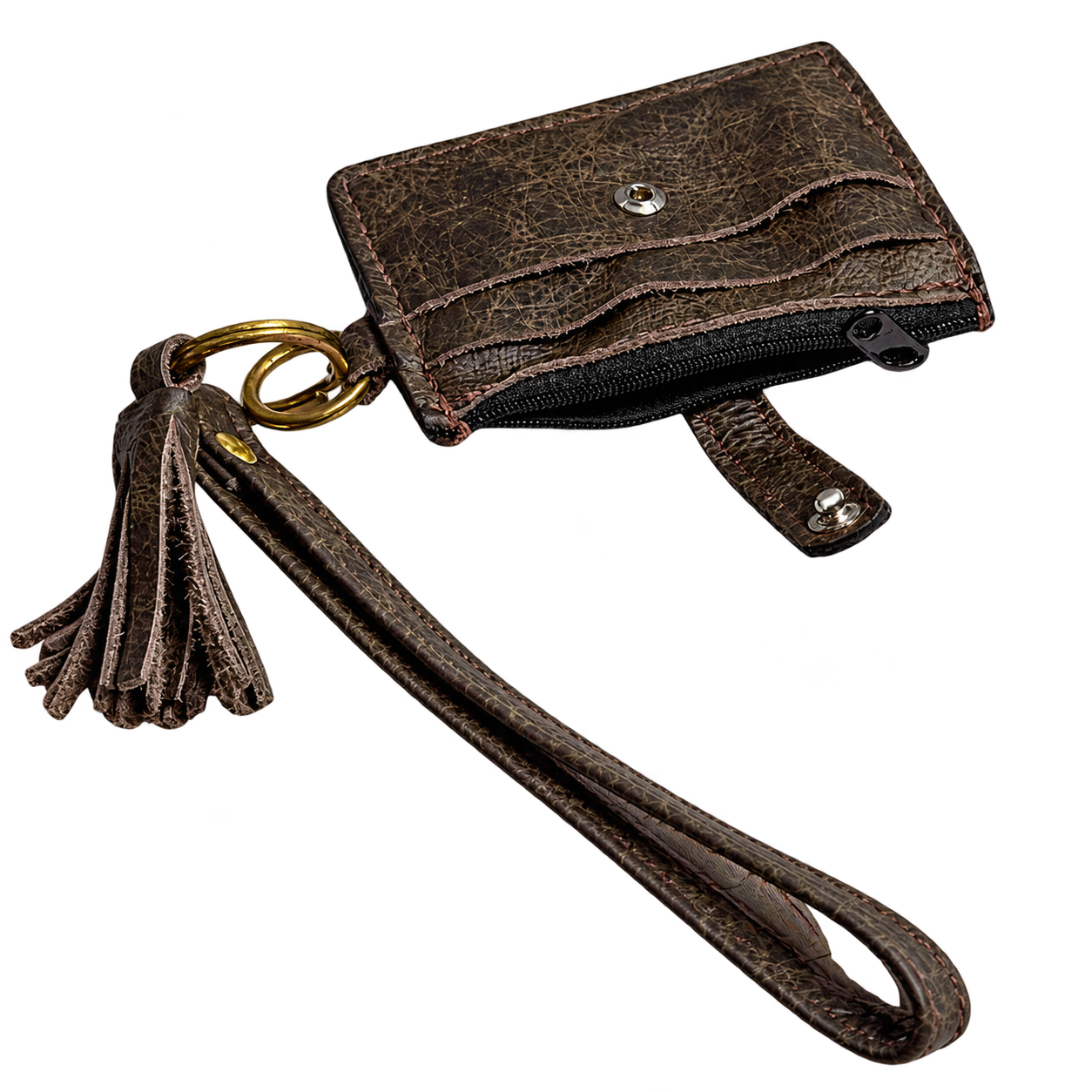 Back of dark brown leather wristlet wallet showing clear ID window, zipper and matching tassel.