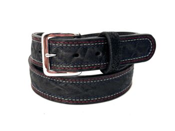 Black Patriot Elephant Leather Belt with red, white and blue stitching and silver buckle
