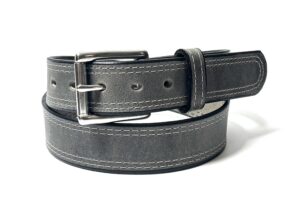 Grey double stitch leather belt with silver stainless steel roller buckle