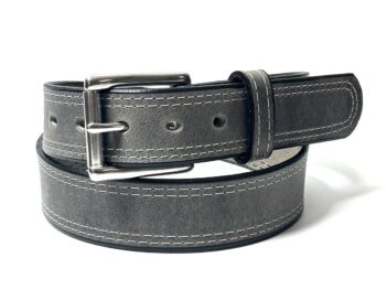 Grey double stitch leather belt with silver stainless steel roller buckle