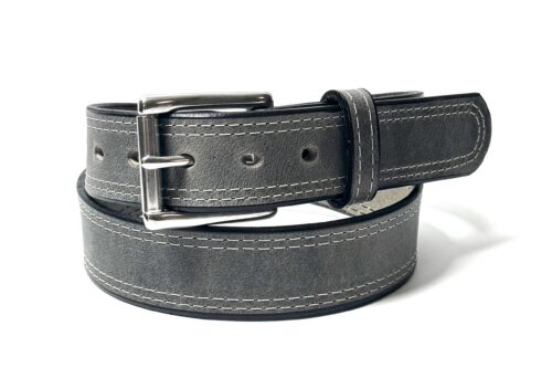 Grey double stitch leather belt with silver stainless steel roller buckle
