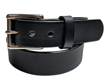 Front view of the premium heavy black leather gun belt with stainless steel roller buckle and matching leather keeper.