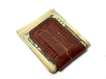 Cognac alligator leather cash clip card holder holding business cards handcrafted by Amish artisans