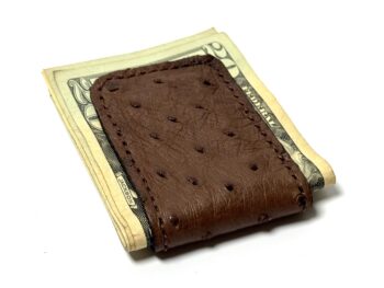 Brown ostrich leather cash clip card holder holding business cards handcrafted by Amish artisans