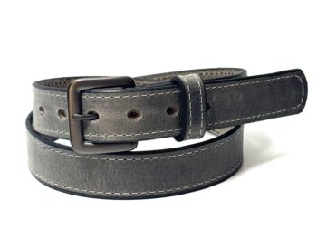 Grey leather dress belt with dark grey buckle