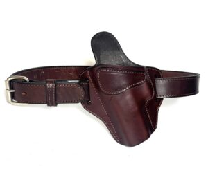 Brown leather 1911 OWB holster with matching heavy-duty stitched belt