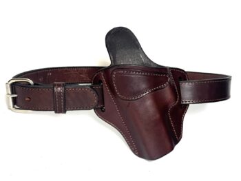 Brown leather 1911 OWB holster with matching heavy-duty stitched belt