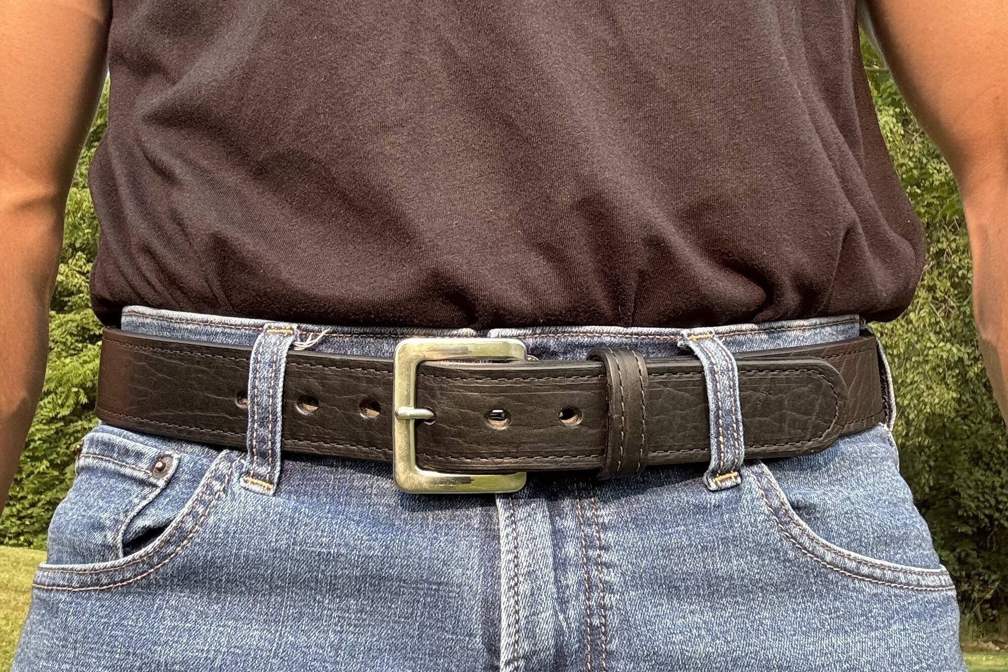 Bison Black Premium Heavy Leather Belt handcrafted from premium black bison leather backed with full grain cowhide and finished with a stainless steel buckle.