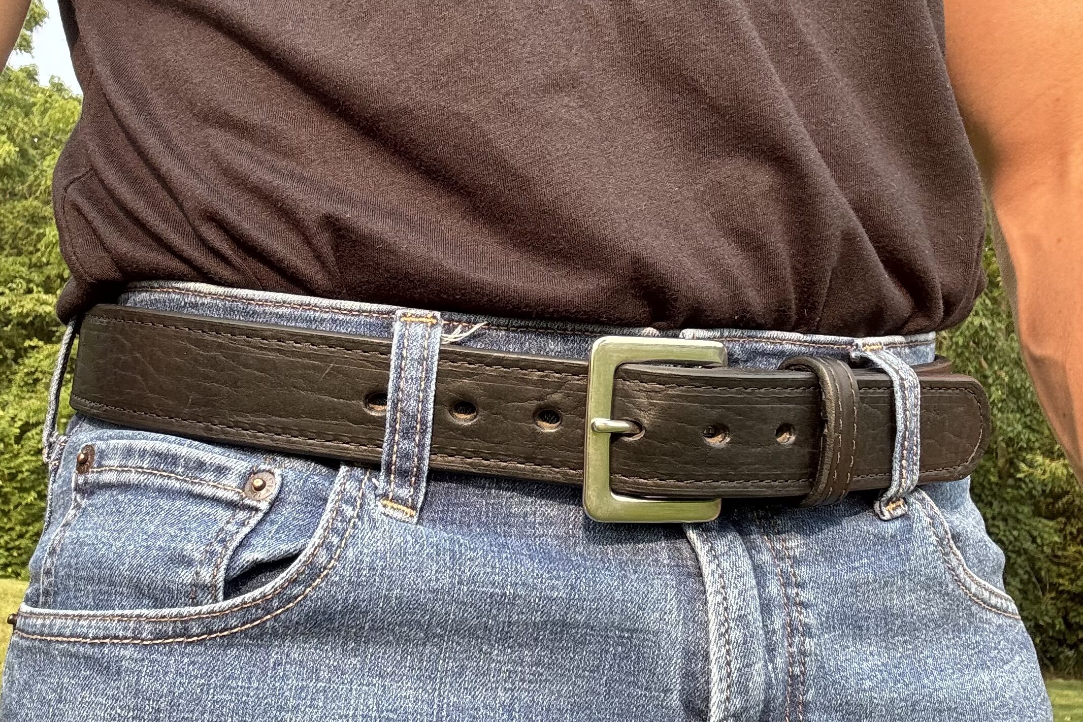 Bison Black Premium Heavy Leather Belt handcrafted from premium black bison leather backed with full grain cowhide and finished with a stainless steel buckle.