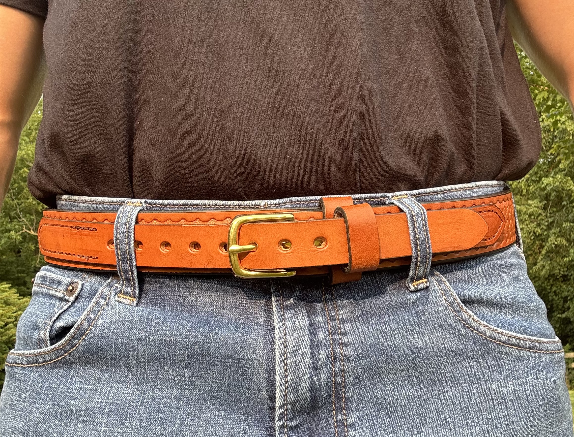 Basket Weave Light Brown Leather Ranger Belt handcrafted by Amish craftsmen from premium full grain leather with a solid brass buckle.