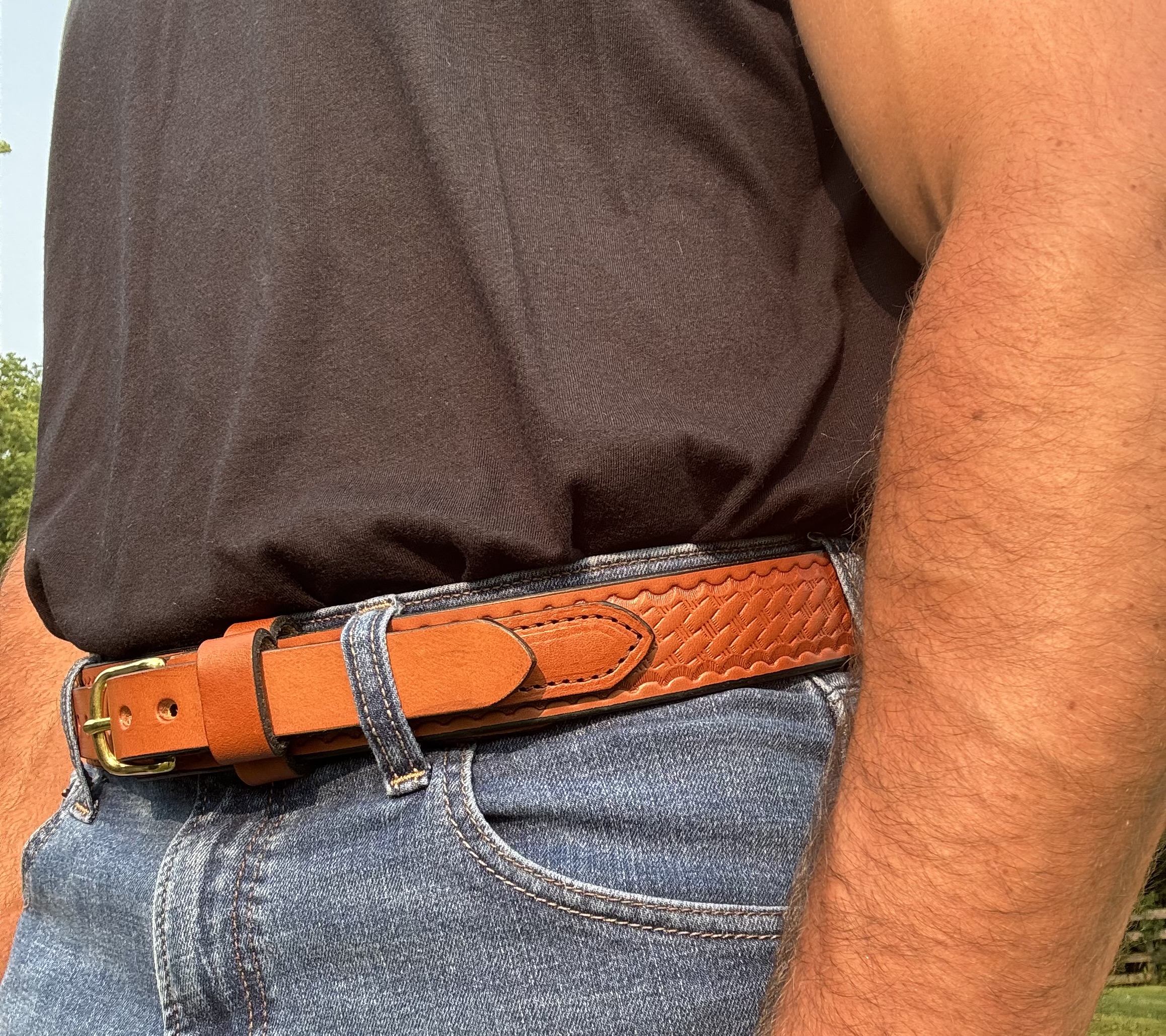 Basket Weave Light Brown Leather Ranger Belt handcrafted by Amish craftsmen from premium full grain leather with a solid brass buckle.