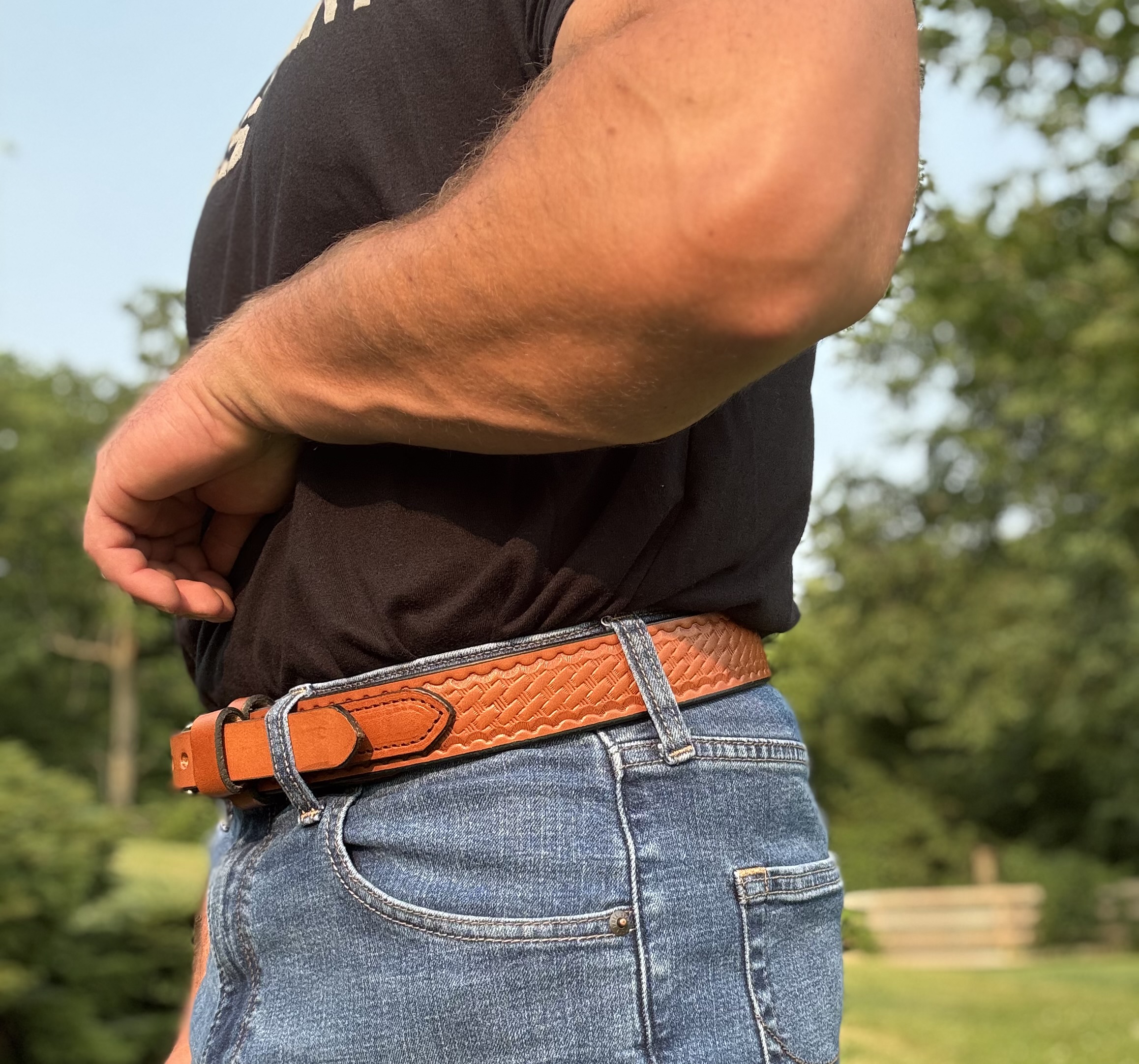 Basket Weave Light Brown Leather Ranger Belt handcrafted by Amish craftsmen from premium full grain leather with a solid brass buckle.