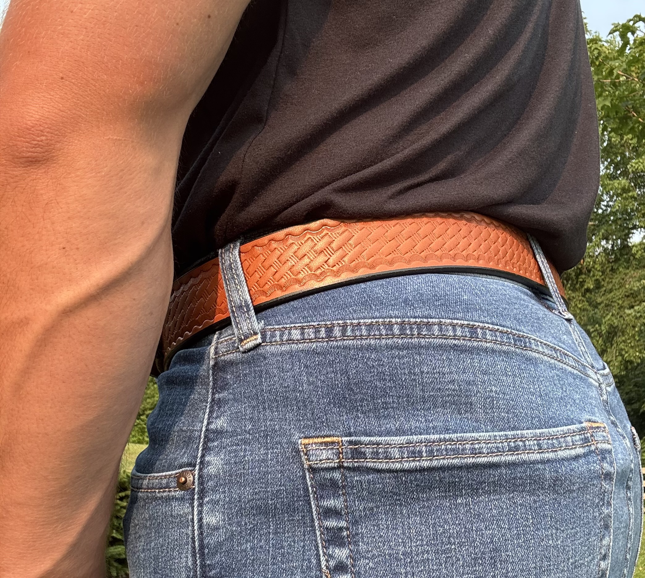 Basket Weave Light Brown Leather Ranger Belt handcrafted by Amish craftsmen from premium full grain leather with a solid brass buckle.