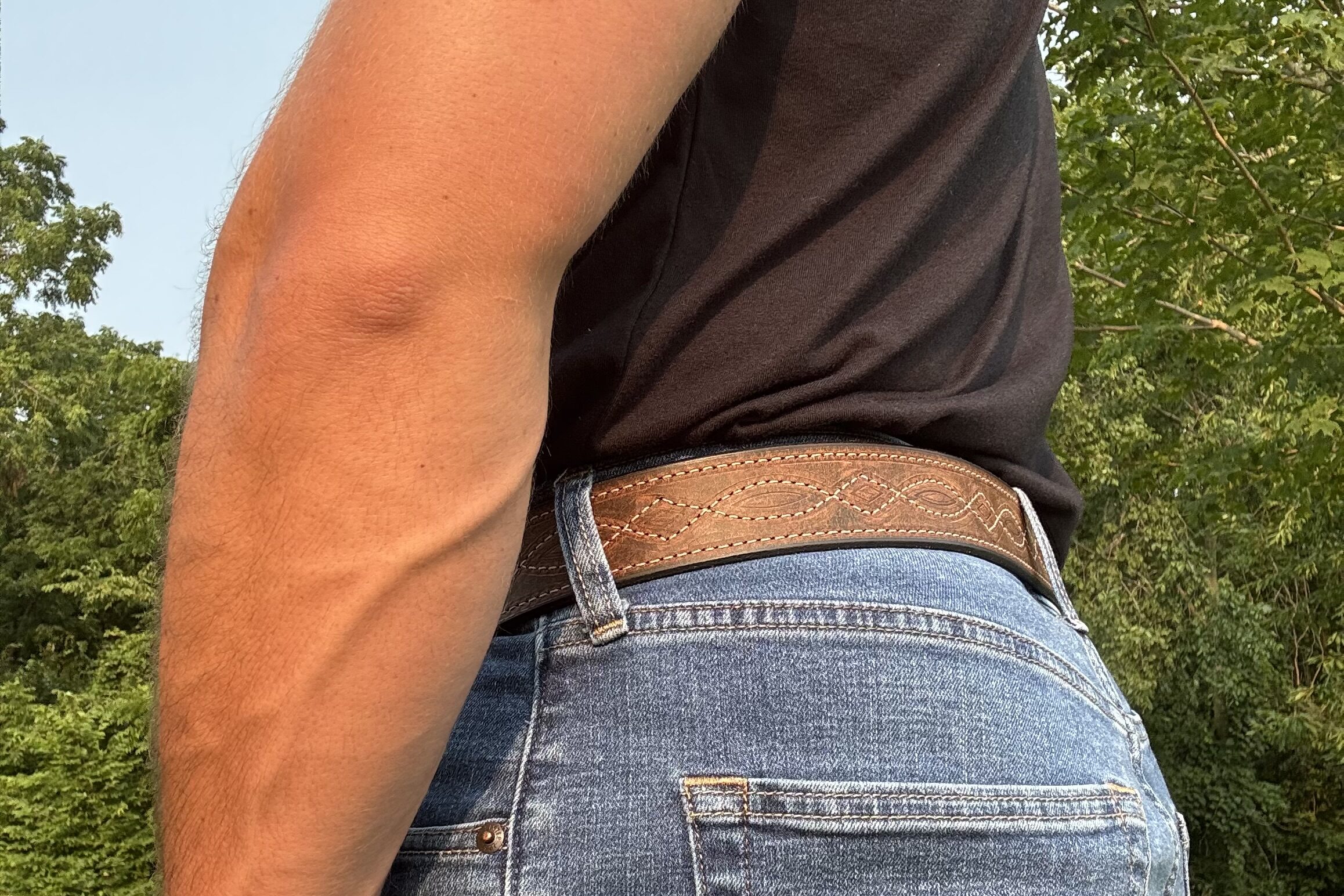 Water Buffalo Crazy Horse Figure 8 Stitch Leather Belt handcrafted by Amish craftsmen with decorative Figure 8 stitching and your choice of a dark grey or stainless steel buckle.
